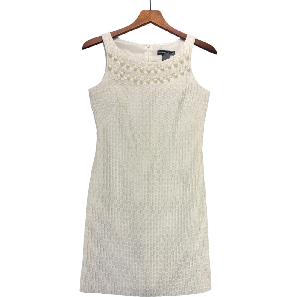 Jessica‎ Howard Dress Womens 4P Ivory Pearl Embellished Textured Sheath Retro
